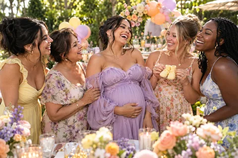 Fictional expectant parent celebrating with family and friends at a garden baby shower
