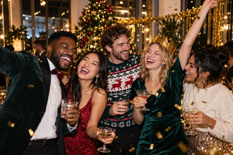 Fictional coworkers cheering beside a Christmas tree at a festive office party