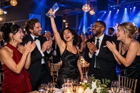 Fictional colleagues applauding at a blue-lit corporate awards gala