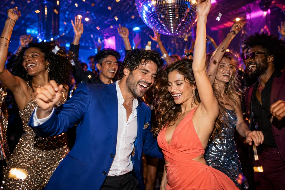 Fictional guests dancing under a disco ball and blue and magenta lights