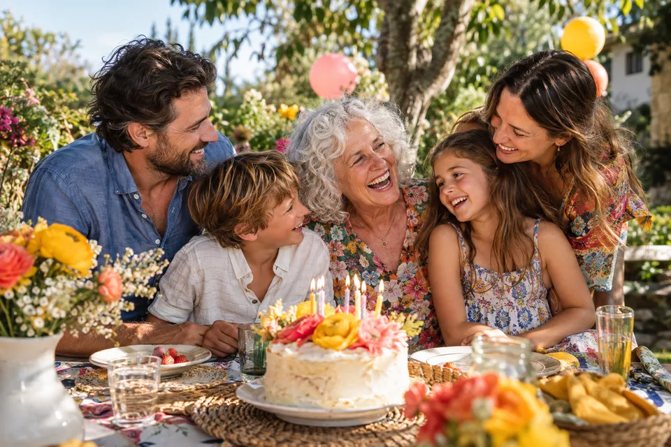 Fictional family of three generations laughing around a birthday cake in a garden