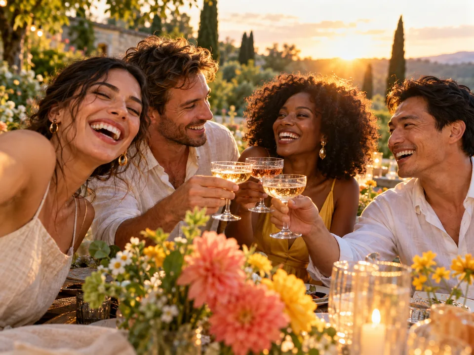 Fictional friends laughing and toasting in a sunlit garden