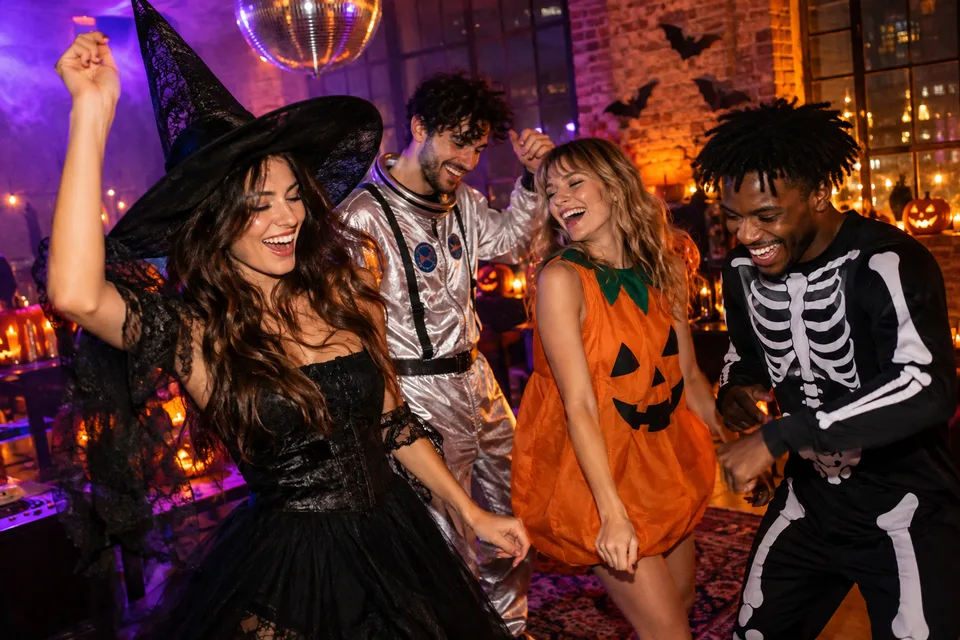 Fictional friends dancing in playful costumes at a Halloween party