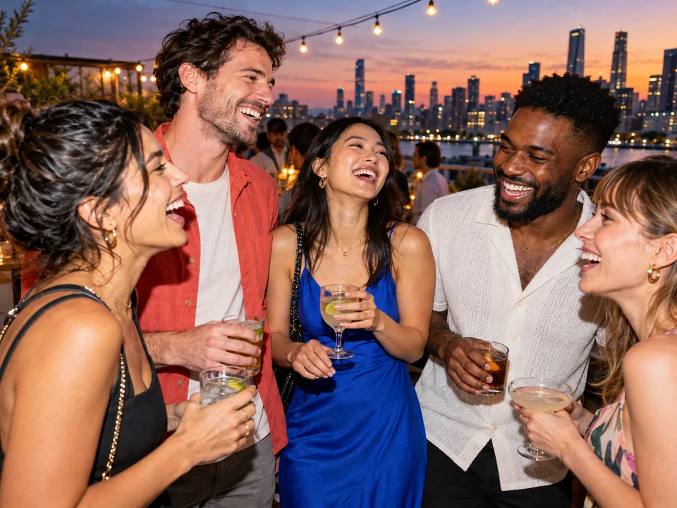 Fictional colleagues laughing together at a rooftop company party
