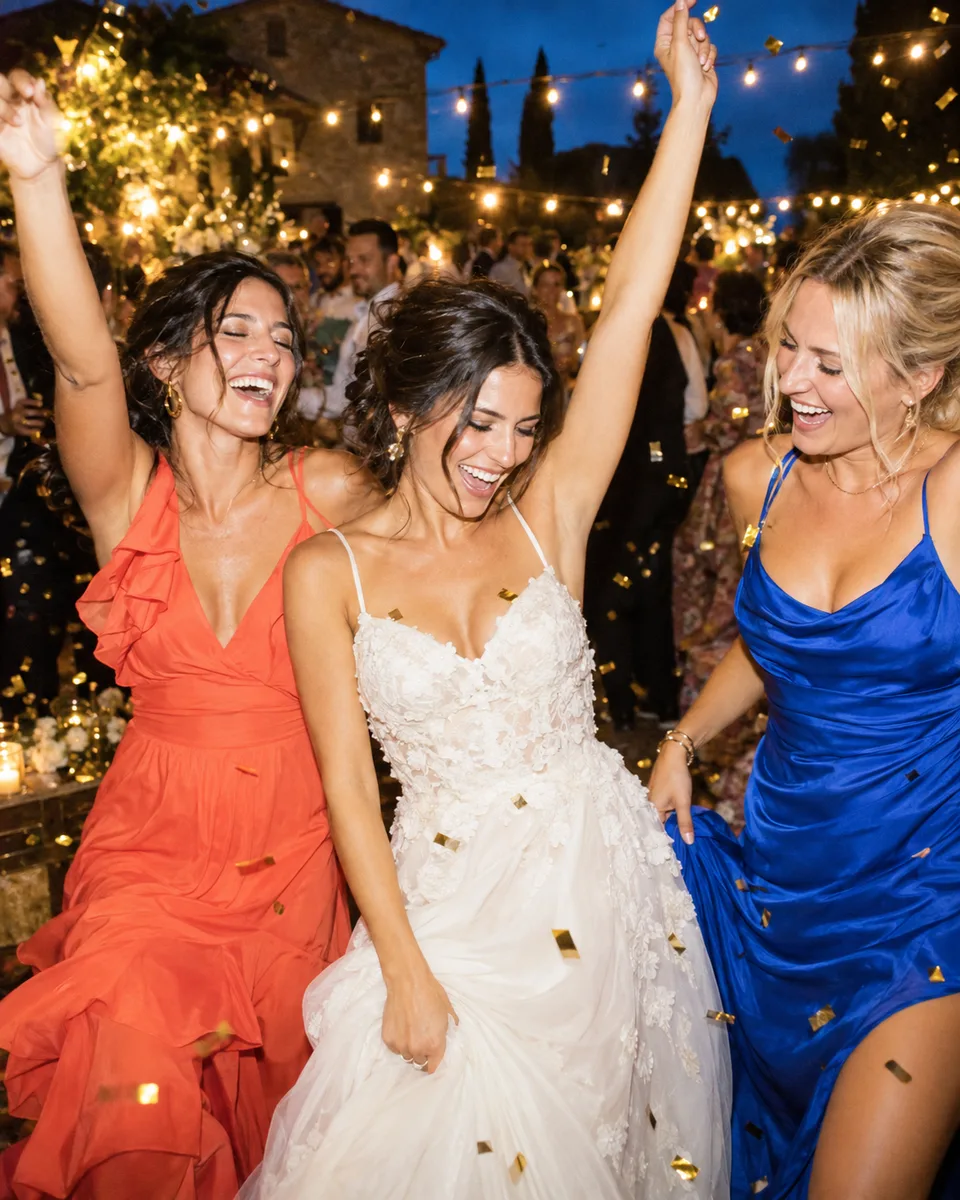Fictional bride and friends dancing under wedding string lights